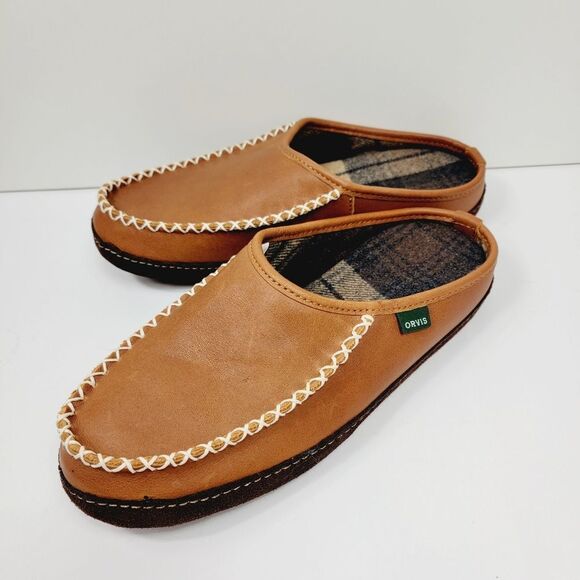 Orvis Lodge Brown Leather Slip On Mocs Slippers Size 9 - Picture 1 of 8